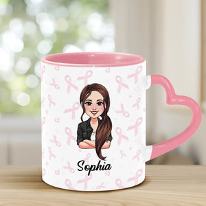 Dear Cancer You Picked The Wrong Bitch - Personalized Breast Cancer Awareness Heart Handle Mug